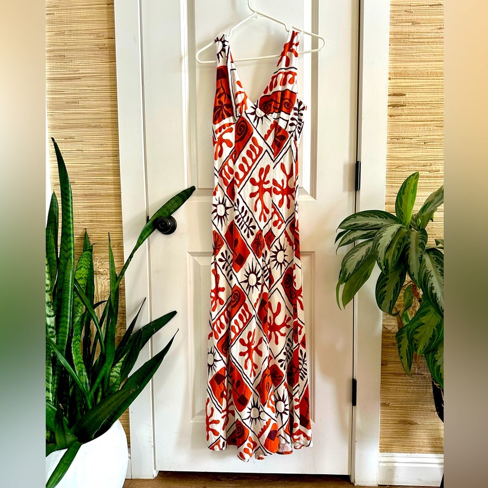 Linen Tiki Print Maxi Dress NWT Sz S